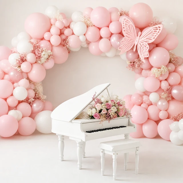 Floral toy piano themed birthday setup, illustrative inspiration image