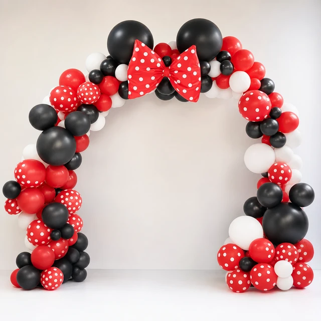 Mouse-ears themed birthday balloon arch, illustrative inspiration image
