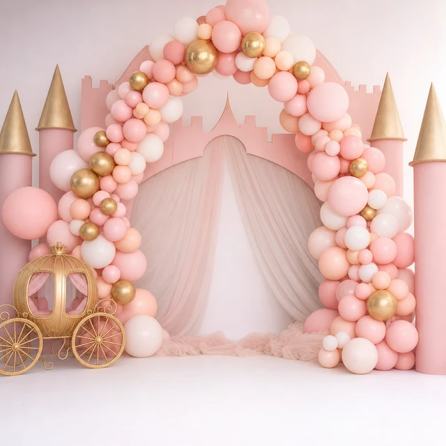 Princess castle themed birthday balloon arch, illustrative inspiration image