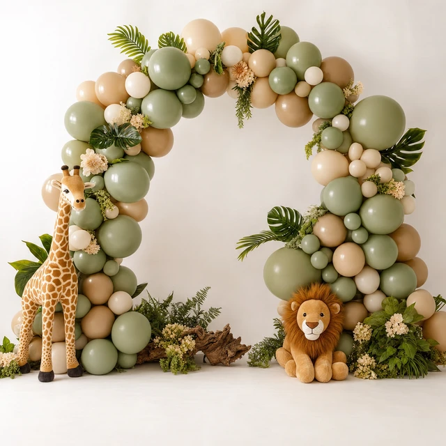 Safari themed birthday balloon arch with giraffe and lion, illustrative inspiration image